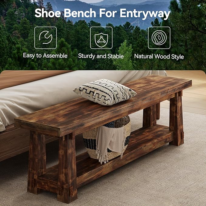 55" Solid Wood Entryway Bench with Shoe Storage, Rustic Charred Wood Grain Foyer Bench with Open Shelf for Hallway, Mudroom, Bedroom, Easy Assembly