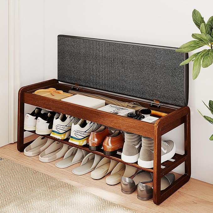 Shoe Rack Bench with Flip-Top Storage, Rubberwood 2-Tier Shoe Organizer with Cushion, Long Wooden Shoe Stand for Entryway, Mudroom, Hallway, Closet, Front Door Entrance, Foyer