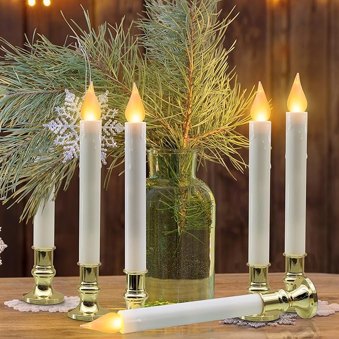FURORA LIGHTING LED White Taper Candles with Gold Holders Pack of 6 with 5/19 Timer, Elegant Flameless Glow for Home Décor, Batteries Included