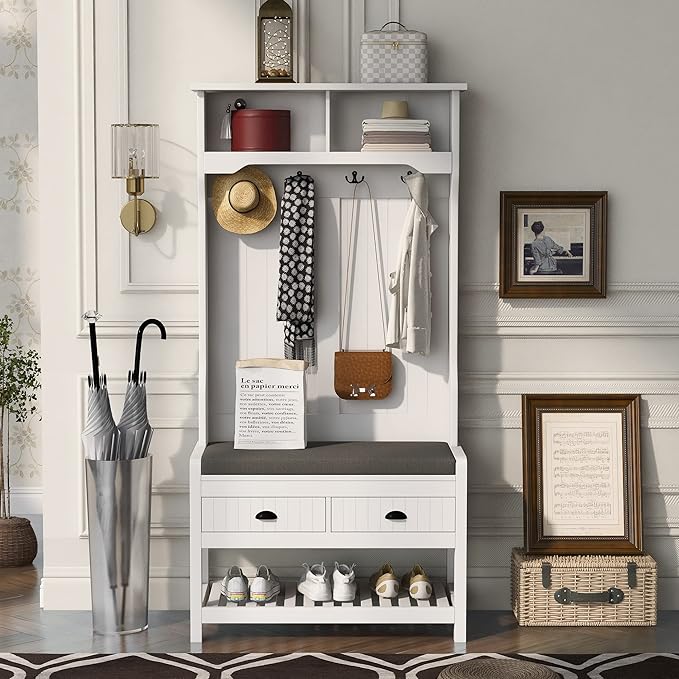 Hall Tree with Shoes Bench, Entryway Coat Rack with Storage Shelves and Drawers, 33.5''W Coat Hanger for Entrance, Hallway (White)