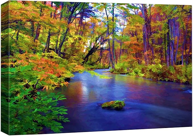 wall26 Canvas Print Wall Art Multicolor Autumn Forest with Blue River Floral Nature Illustrations Realism Bohemian Scenic Relax/Calm Cool for Living Room, Bedroom, Office - 16"x24"