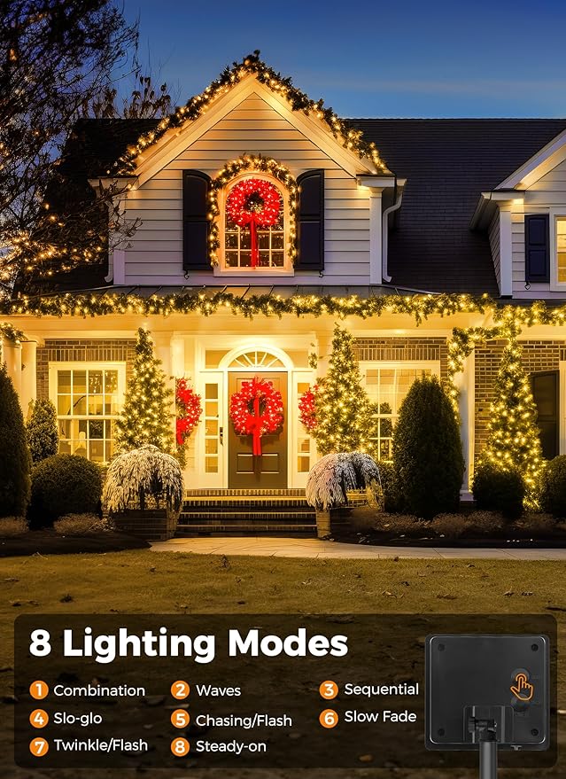 Solar String Lights Outdoor Waterproof, 2 Pack Total 144FT 400 LED Solar Powered String Light with 8 Lighting Modes, Waterproof Patio Lights, Christmas Outdoor Lights for Outside Tree, Warm White