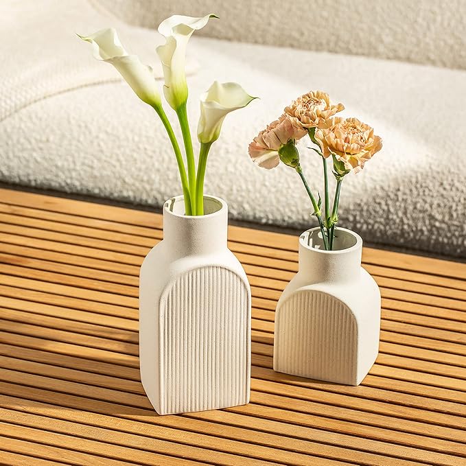 Ceramic Ribbed Vases - 2 Piece Set, Small and Large Vase, Bottle Flower Planter Set. Scandi Style Home Decor. Neutral Cream Home Decor, Coastal Decor for Home, Centerpiece for Table