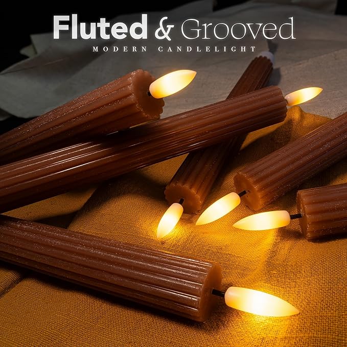 6 Pack, 10" LED Flameless Brown Tan Fluted Ribbed Grooved Taper Candles, Remote & 24h Timer Memory, On/Off Button, Dimmable, Flicker Mode, Battery Operated, Christmas Menorah Wedding