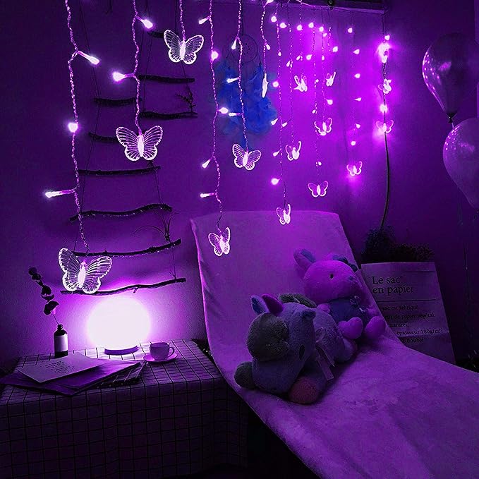 Decorman Butterfly Curtain Lights, 4.9ft 48 LED USB Window Fairy Lights 10 Butterflies 8 Modes Firefly Twinkle String Lights for Room Bedroom Wall Ceiling Party Wedding Christmas (Purple)