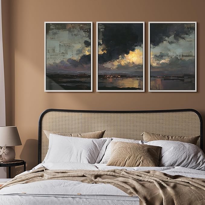 wall26 Framed Canvas Print Wall Art Set Moody Harbor Dusk with Storm Clouds Illustrations Modern Art Decorative Multicolor for Living Room, Bedroom, Office - 16"x24"x3 WHITE