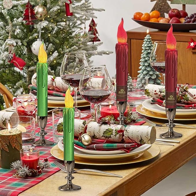 Christmas Metallic Red Green Flameless Short Taper Candles, Hand Dipped LED Battery Operated with Remote, Flickering Flame Lights for Home Décor, 6.7 Inch Primitive Flameless Candles, 4PCS