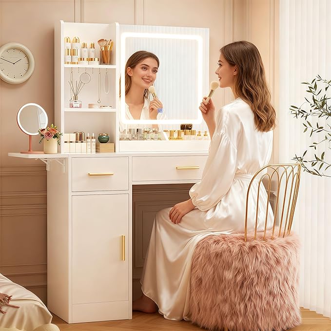 Vanity Desk with Mirror and Lights & Extral Foldable Desk, 31.5" & 39.3" Makeup Vanity Table with 5 Drawers and 3 Open Shelves, Dressing Table for Bedroom, White (White 11)