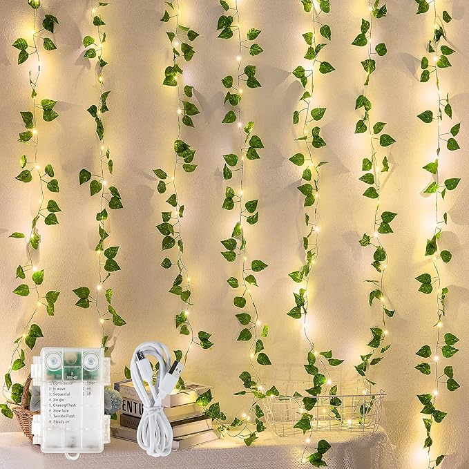 woohaha Vine with Fairy Lights,23ft 73LED Ivy String Light with Battery Operated,Leaf Light for Bedroom, Room, Wall, Garden, Party, Wedding Decor (Warm White)