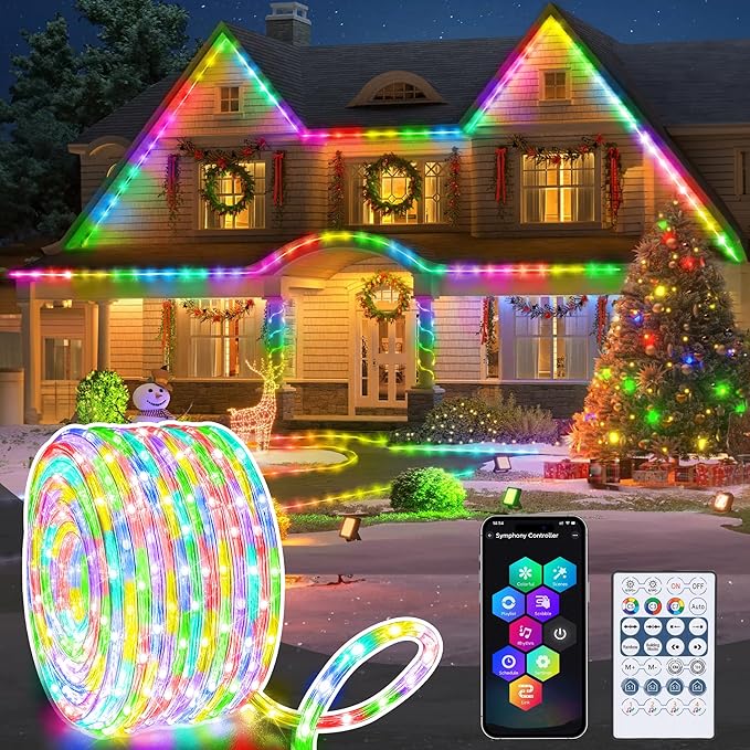 Jnaurb RGB Color Changing Rope Lights Outdoor, 100ft 300LED Smart String Lights with Remote & APP Control, Waterproof Music Sync Rope Lighting - DIY Flexible Tube LED Lights for Bedroom Garden Wedding