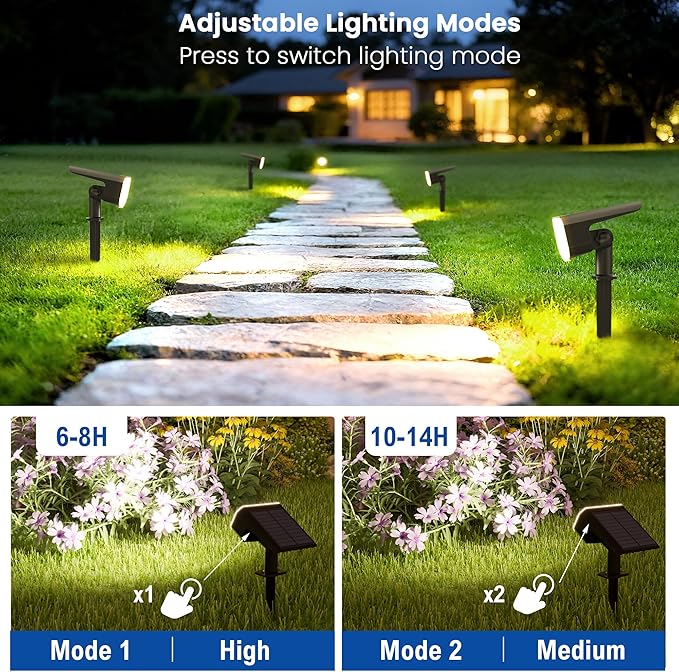 Solar Spot Lights Outdoor Waterproof IP65,4 Pack,Cool Light,2 Lighting Modes Selectable, Solar Powered Yard Garden Solar Spot Lights for Outside Landscape Auto On/Off