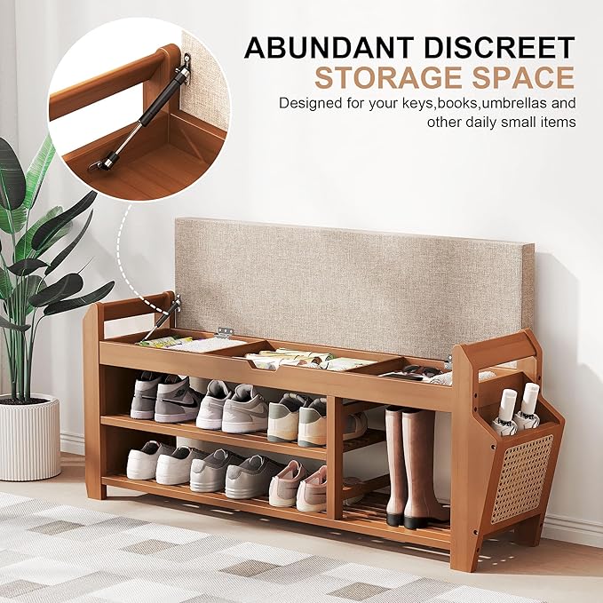 39.4" Bamboo Shoe Rack Bench with Coat Rack, 3-Tier Entryway Bench with Thick Cushion, Flip-Top & Side Baskets, Holds Up to 550 LBS for Hallway, Living Room, Bedroom