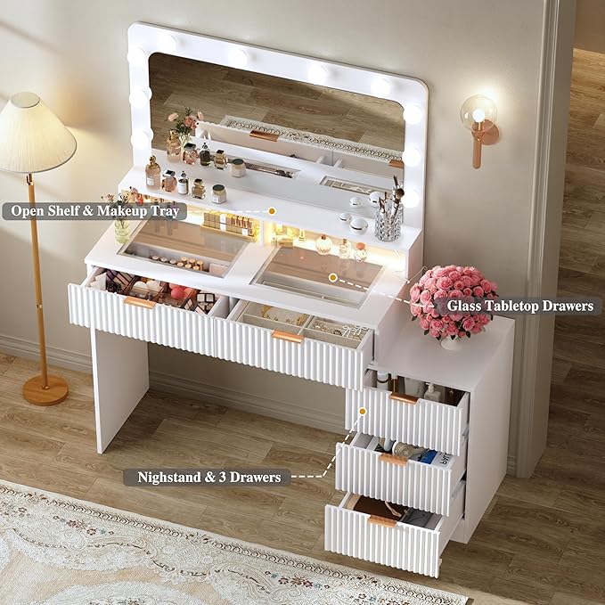 Fluted Vanity Desk with Mirror and Lights, Makeup Vanity Desk with Glass Top, Nightstand & Fluted Panel Design, 5 Drawers, 3 Colors Lighting Adjustable Brightness, Power Outlet, White