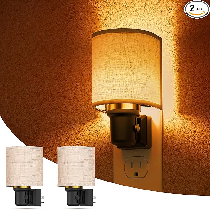 L LOHAS LED Amber Night Lights Plug into Wall, Plug in Night Light Dimmable, Farmhouse Decorative Nightlights Plug in Wall, Light Sensor, Linen Fabric Yellow Nightlight for Bedroom Hallway, 2 Pack