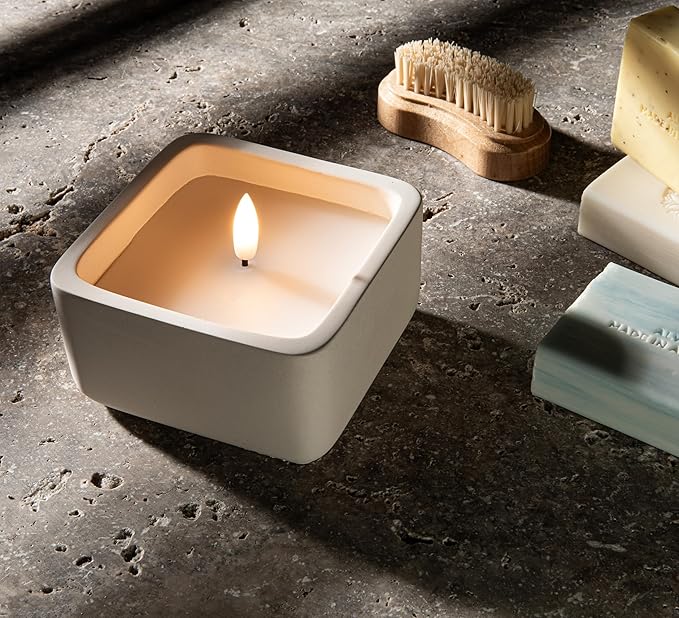 Square Flameless Candles (Ivory) - LED Flickering Fake Candles - Made of Real Wax in a Cement Base - an Ideal Gift.