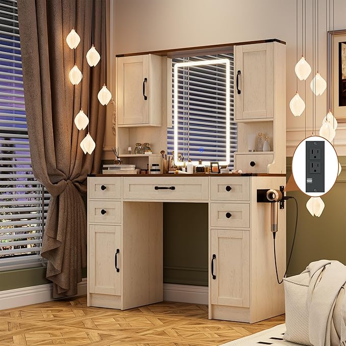 NUNU LAB 42 Inchs Large Vanity Desk with Mirror and Lights with 6 Drawers and 4 Cabinets, Big Women Makeup Table with Power Outlet, 3-Color Adjustable Lighting for Bedroom Brown