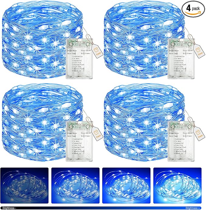 btfarm 4 Pack Fairy Lights Battery Operated with Timer, 16.4 FT 50 LED Silver Wire Twinkle String Lights 8 Modes Dimmable Waterproof for Indoor Christmas Bedroom Wedding Decorations, Blue