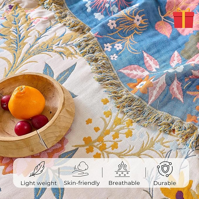 Boho Throw Blanket for Home Decor,Ultra Soft Throw Rustic Classic Quilt,100% Cotton Muslin Blankets for Adults, Reversible Woven Decorative Blanket for Bed Layering Use, Colorful Floral, 50"x60"