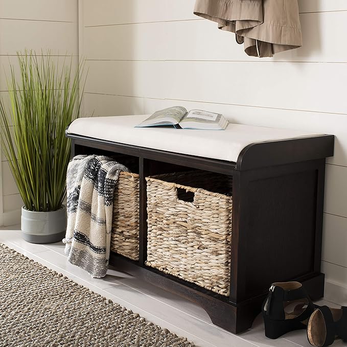 SAFAVIEH Home Collection – Freddy Brown Storage Bench with Wicker Baskets & Cushion, Entryway Seating Bench, Fully Assembled (AMH5736A)