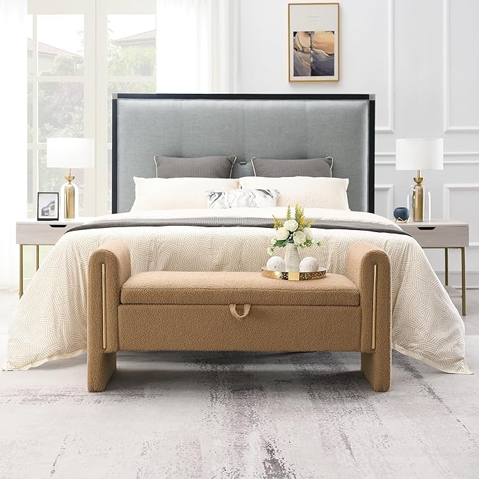 Modern 52" Storage Ottoman Bench, Upholstered End of Bed Storage Bench with Armrests, Entryway Bench, Teddy Foot Rest Stool for Living Room Hallway Bedroom (Coffee Brown)
