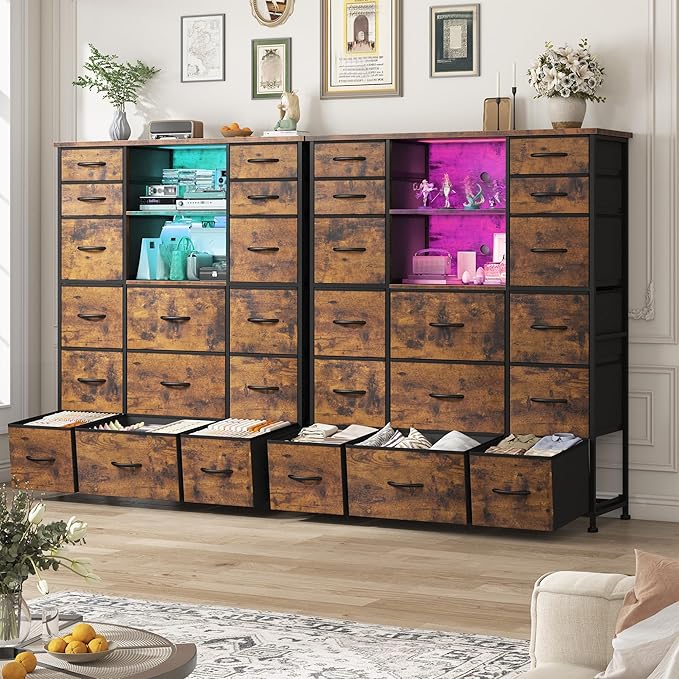 EnHomee 51" H Dresser with 15 Drawers Dresser for Bedroom with Charging Station & LED Lights & Hutch Sturdy Fabric Bedroom Dressers, Steel Frame, Wood Top, Rustic Brown, 51.2" H x 39.3" W x 11.8" D