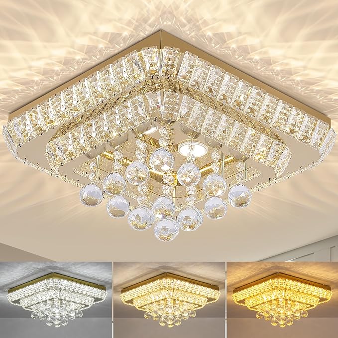 REDSTAR 18" Gold Crystal Ceiling-Light Flush Mount with Remote and APP, 3 Colors Temp & Brightness Adjustable, Modern Crystal Raindrop Chandeliers for Bedroom Hallway Dinning and Living Rooms-Square