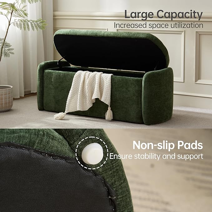 VKNOW 46" Oval Storage Ottoman Bench, Upholstered End of Bed Bench Ottomans Bench Foot Rest, Sherpa Storage Bench for Bedroom, Living Room and Hallway, Green