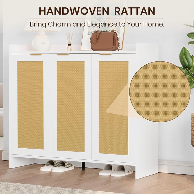 Shoe Cabinet, 41" Tall Rattan Shoe Storage Organizer Cabinet, Adjustable Shelves, 6-Tier Farmhouse Boho Wooden Storage Cabinet for Entryway Hallway Closet Bedroom,White