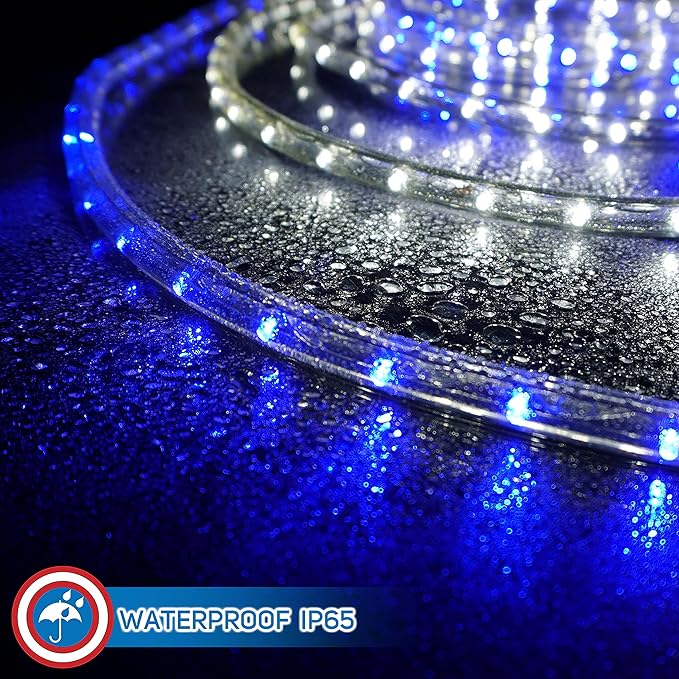 Russell Decor 30FT 324 LED Rope Lights Indoor Outdoor Lighting for Christmas Snow Theme Decoration for Party Trees Patio Deck Flexible String Lights (White Blue)