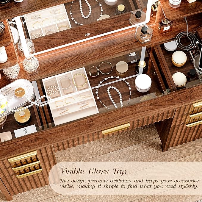 Vanity Desk with Large 27.2" Mirror and Lights 47.2" Fluted Makeup, 5 Drawer Vanity with Power Strip, 4 Open Shelves, 2 Cabinet, Modern Bedroom Vanity Featuring Visual Transparent Glass. Brown