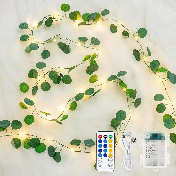 Eucalyptus Garland with 40 LED Fairy Lights – Lighted Greenery Vine with Remote & Timer, Dual Power (USB/Battery), IP44 for Cozy Home, Mantel, Wedding & Spring Decor