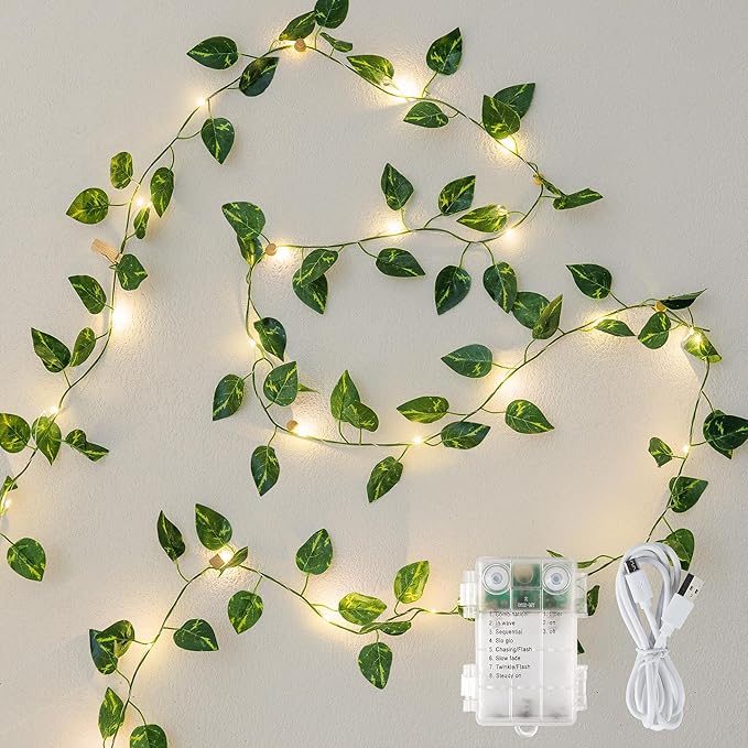Vine Fairy Lights for Bedroom Wall, 23FT 73 LED Vine String Lights, USB/Battery Powered, Faux Pothos Garland with Light for Dorm Room, Wedding, Party & Home Decor, Warm White