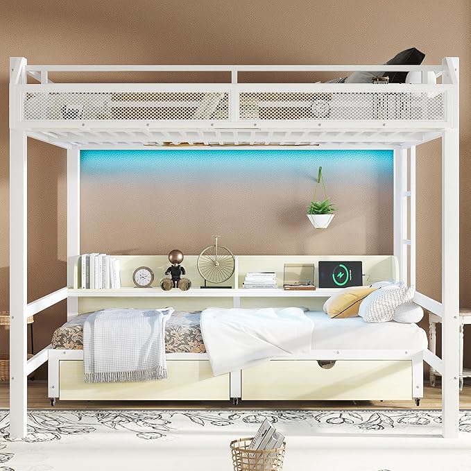 Bellemave Queen Over Queen Metal Bunk Bed with Storage Drawers and Shelves, Heavy Duty Bunk Beds with LED Lights and Charging Station for Kids,Adults,Convertible into a Sofa Bed,White