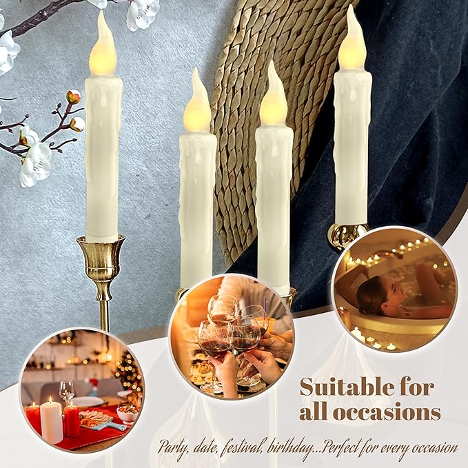 Ivory White Flameless Short Taper Candles, Real Wax Hand Dipped LED Battery Operated with Remote, Flickering Flame Lights for Festival Home Décor, 6.7 Inch Primitive Flameless Candles, 4PCS