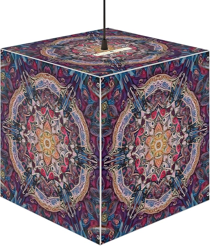 Decorative Cube Lamp with Mandala Design, Zen Meditation Light, Polyester Shade, Purple and Blue