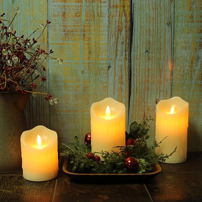 CVHOMEDECO. Flameless Candles Electronic Rechargeable Battery Extra Bright Ivory Dripping Real Wax Pillars LED Flickering Pillar Candle with 10-Key Remote Control, 3 PCS in Set