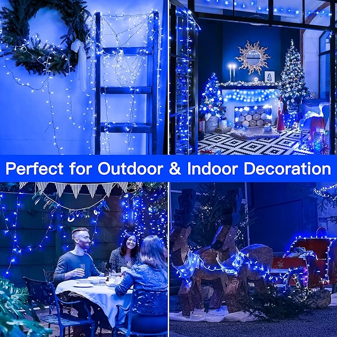 String Lights Indoor Bedroom, 33FT 100 LED Fairy String Lights Outdoor Waterproof, 8 Modes Memory Twinkle Christmas Light Plug in for Classroom Dorm Patio Tree Garden Decor (Blue)