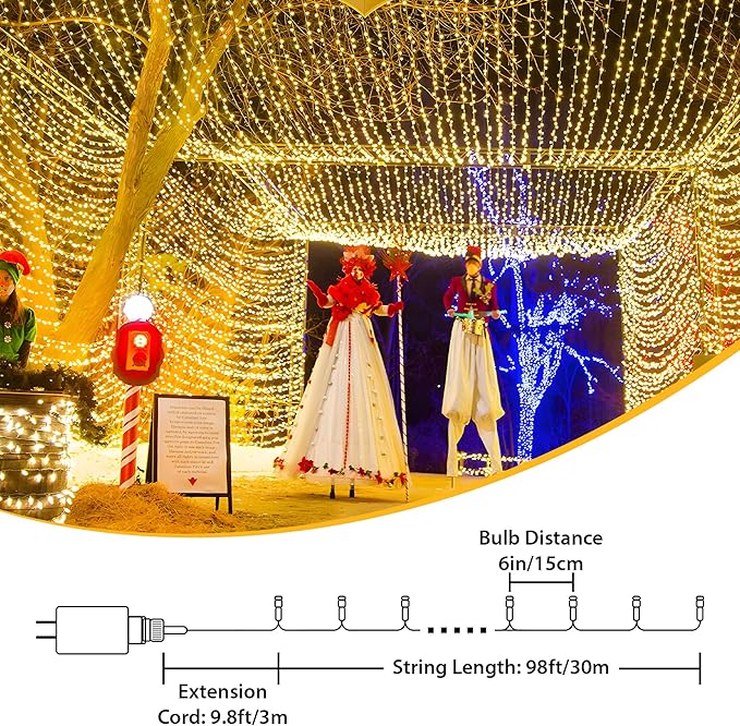 String Lights Indoor Bedroom, 98FT 200 LED Fairy String Lights Outdoor Waterproof, 8 Modes Memory Twinkle Christmas Light Plug in for Classroom Dorm Patio Tree Garden Decor (Warm White)