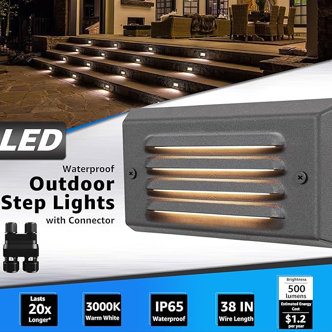 SUNVIE Low Voltage Step Lights - Outdoor Stair Lights 5W LED with Horizontal Louver Faceplate for Steps, Stairs, Fences 12V 3.2FT ETL Listed Wire Fastlock2 Connectors Included, 8 Pack