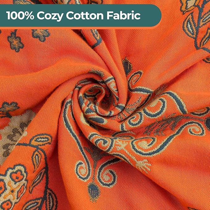 Throw Blankets Queen Size for Bed Couch,100% Cotton Soft Lightweight Blanket Rustic Quilt -Orange Floral Printed Farmhouse Decor Bed All Season Blankets,80"×90"