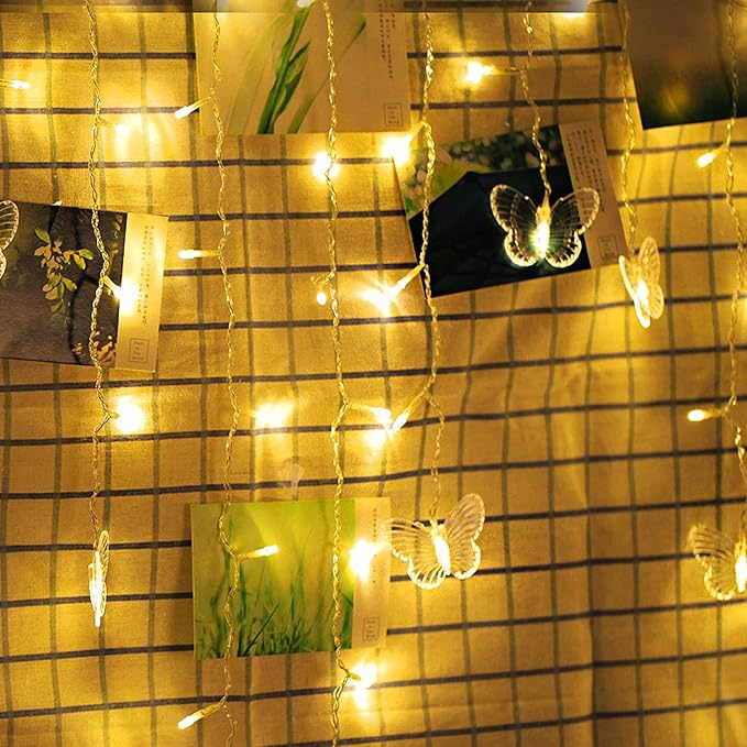 Decorman Butterfly Curtain Lights, 4.9ft 48 LED USB Window Fairy Lights 10 Butterflies 8 Modes Firefly Twinkle String Lights for Room Bedroom Wall Ceiling Party Wedding Christmas (Warm White)