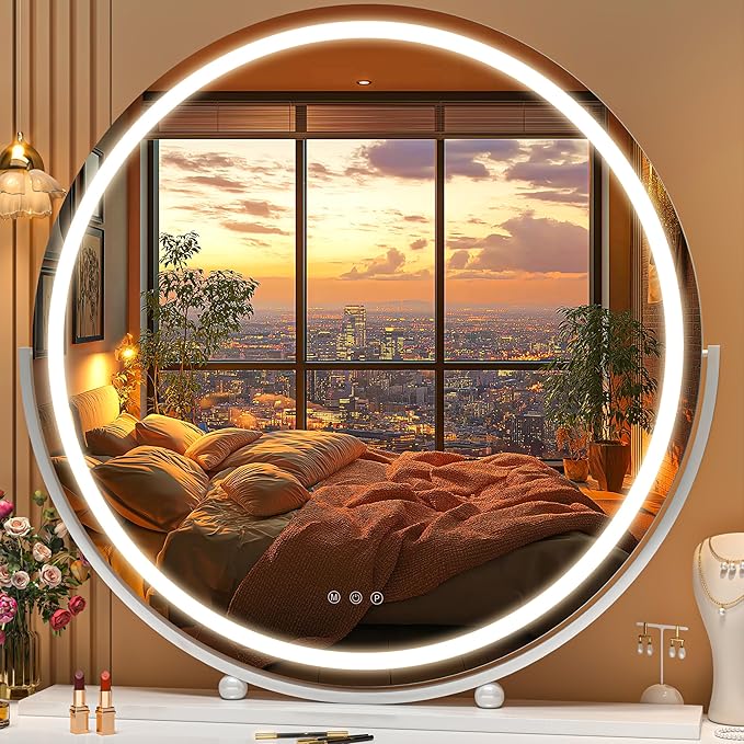 Hasipu Vanity Mirror with Lights, 27.6" LED Big Makeup Mirror, Lighted Makeup Mirror with Lights, Smart Touch Control 3 Colors Dimmable Round Mirror 360°Rotation White