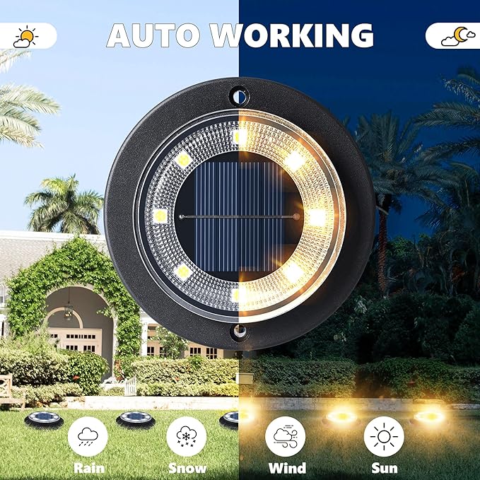 Flacchi Solar Lights Outdoor Waterproof - 2-in-1 Solar Powered Ground Lights Outdoor Solar Disk Light Landscape Light for Deck Step Patio Yard Pathway Walkway Driveway Garden (Warm White, 12 Pack)