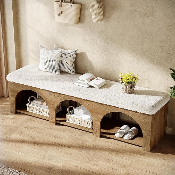 Tribesigns 63" Upholstered Entryway Bench, 2-Tier Entry Shoe Bench with Cushion and Storage Shelf, Farmhouse Padded Bench for Bedroom, Hallway, Foyer, Wood Color