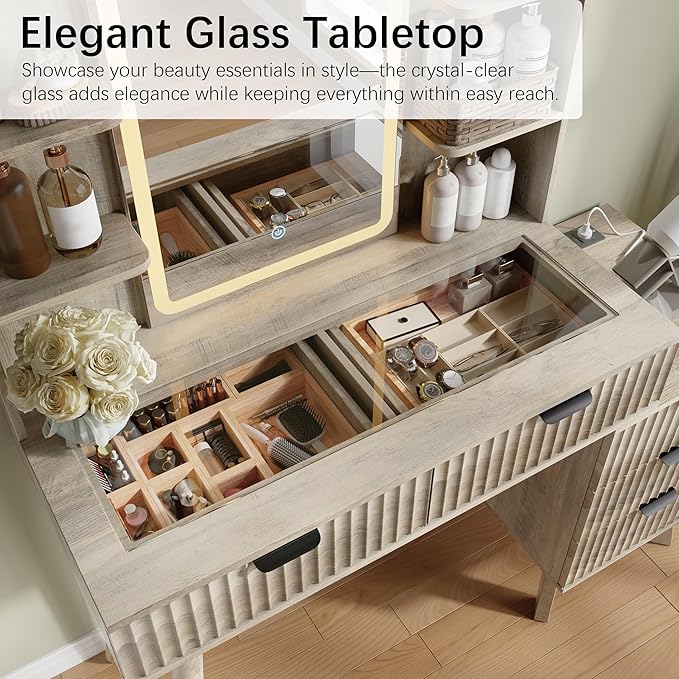 42'' Fluted Makeup Vanity Desk with LED Lights Mirror & Charging Station, Modern Glass Top Vanity Table with 5 Drawers & Open Shelves, Dressing Table for Bedroom, Living Room, Grey