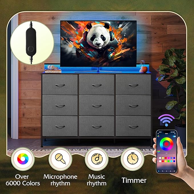 WLIVE Grey Dresser TV Stand for 45, 50, 55 inch TV, Entertainment Center with LED Lights & Charging Station, Chest of drawers with 9 Fabric Drawers and Open Shelves for Living Room, Hallway, Dark Grey