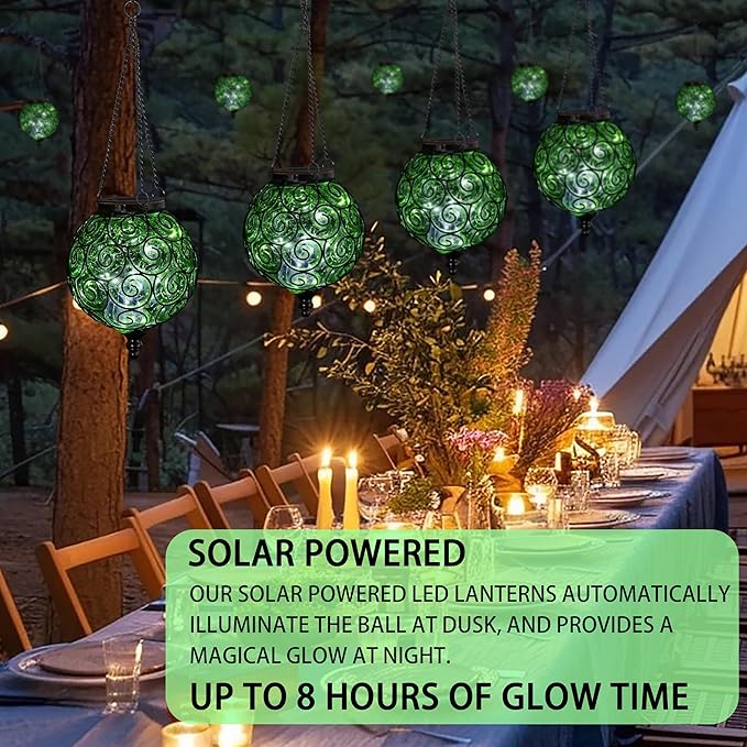 Solar Hanging Lantern Outdoor Garden Lights, Round Glass and Metal Hanging Lantern, 15 Firefly LED Lights, 7 x 20 Inch (Green)
