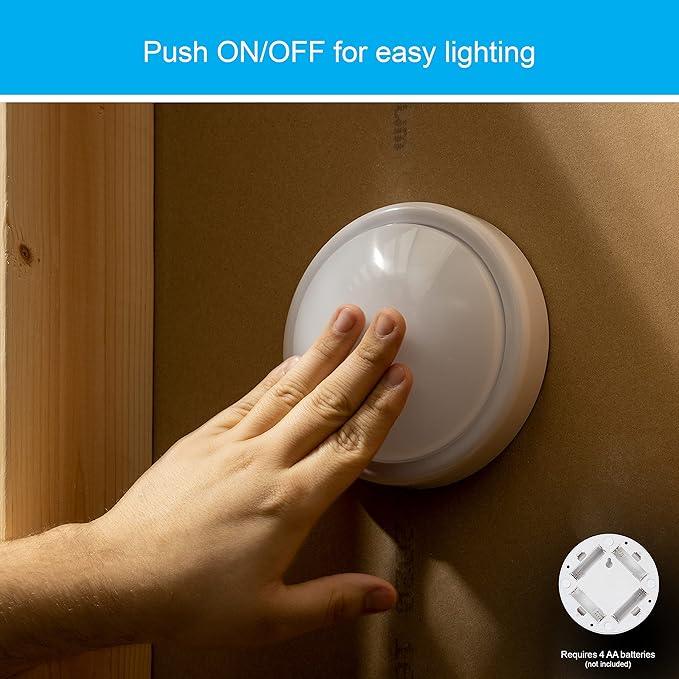 GE Round Tap Light, Battery Operated, White, Push On/Off, Wireless, Portable and Convenient, Perfect for Under Cabinets, Closet, Attic, Nightstand, Nursery, Bathroom, Hallway, 54807, 7.75x 6.55x 2.4