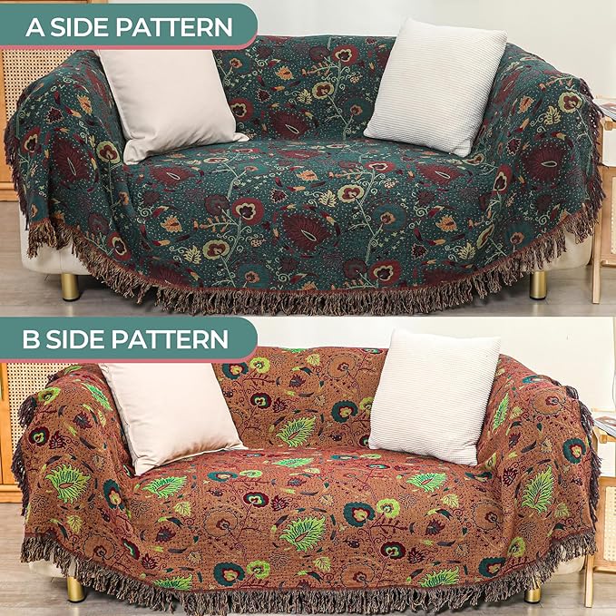 Boho Fall Throw Blanket for Bed,100% Ultra Cotton Soft Breathable Bed Throw Floral Printed Farmhouse Decor Rustic Bed Throws for Couch Sofa Quilt 80" x 90"