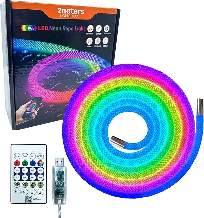 6.56ft LED Neon Rope Lights, Waterproof Music Sync Strip Lights with Remote & APP Control, USB-Powered Flexible Lighting for Christmas Halloween Decor, Gaming Room Bedroom Indoor Outdoor Decoration